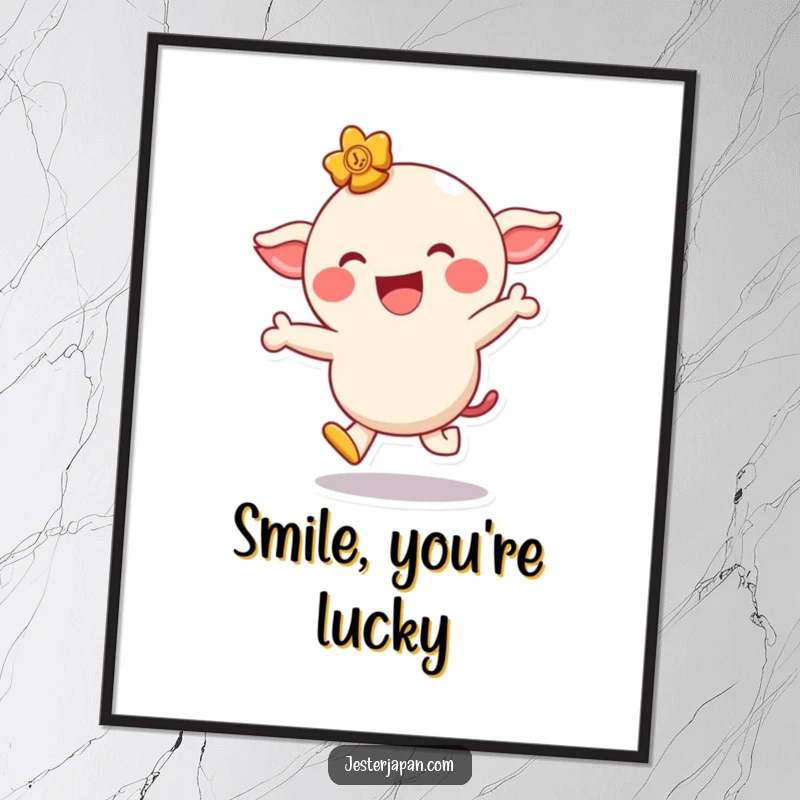 Funny art print of a giggling lucky charm character hopping playfully with a wide smile, radiating joy and luck.