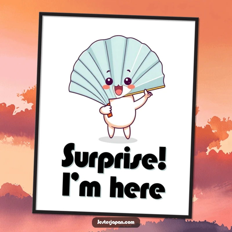 Funny Fan Poster: Artistic print of a fan character unfurling with a flourish to reveal a surprised face, adding humor.