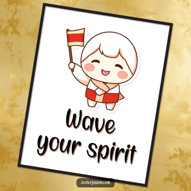 Funny poster showcasing a smiling Kokeshi doll character enthusiastically waving a flag, bringing a playful and celebratory atmosphere to any room.