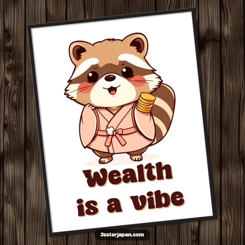 Funny Tanuki Kimono Poster displaying a playful raccoon dog in a kimono, surrounded by overflowing stacks of coins.