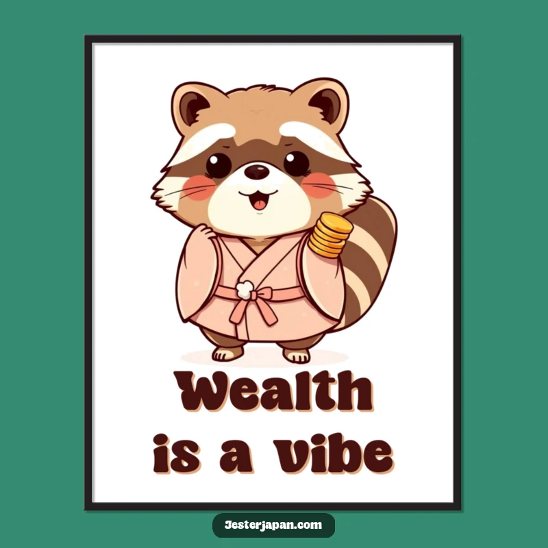Funny Tanuki Kimono Poster: Playful Coins Art, Lucky Japanese Decor Gift