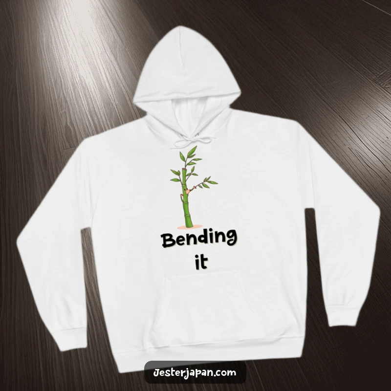 Funny Bamboo Hoodie: Comfortable hoodie featuring a bamboo stalk character bending joyfully in a gentle breeze, perfect for relaxation.