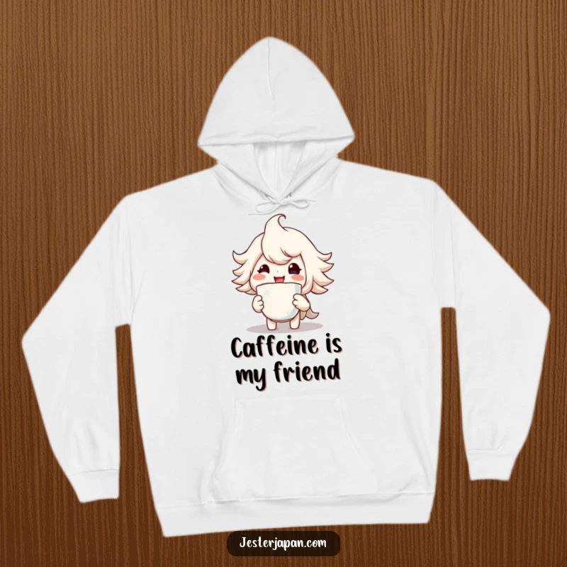 Funny hoodie depicting a character with a massive smile holding a steaming cup, offering cozy and cheerful comfort.