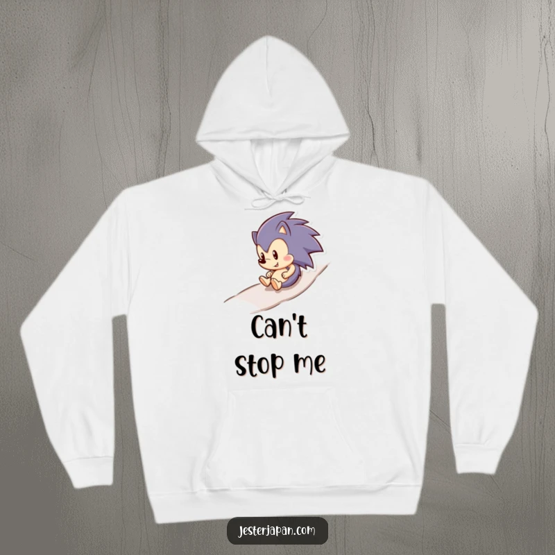A funny hedgehog with a wide smile rolls downhill on a warm, cozy hoodie, perfect for chilly days and cheerful moods.