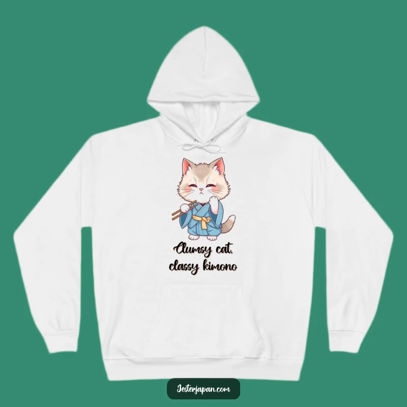 Funny Kimono Cat Hoodie: Clumsy Feline Chopstick Struggle - Cozy 'Funny Gift'