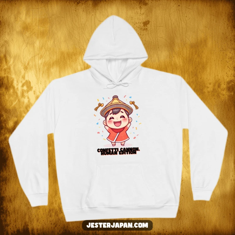 Funny Hoodie: Adorable small character wearing a traditional hat, joyfully launching confetti, radiating pure happiness.