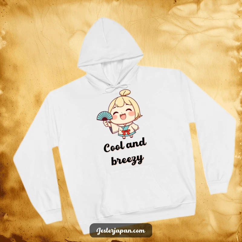 Funny Kawaii Hoodie: Grinning character waving a Japanese fan, offering cozy comfort and cheerful humor. Great funny gift.