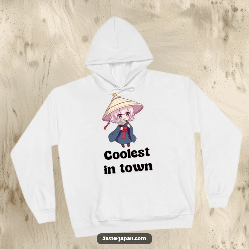 Funny hoodie featuring a character in a traditional hat, dramatically posing with a fan, blending warmth and style.