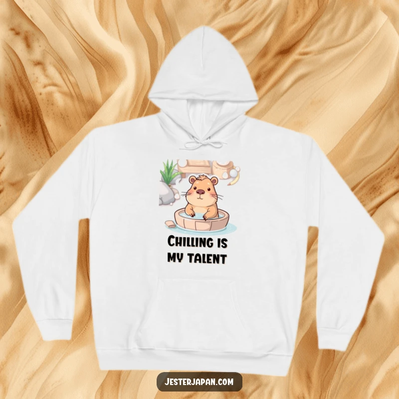Funny hoodie featuring a capybara luxuriating in a hot spring, designed for ultimate comfort and a humorous escape.
