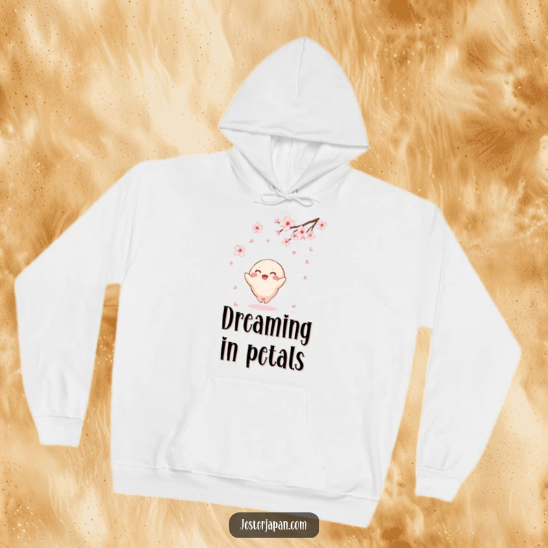 Funny Kawaii hoodie depicting a small, round character joyfully catching falling cherry blossoms, offering warmth and a touch of seasonal magic.