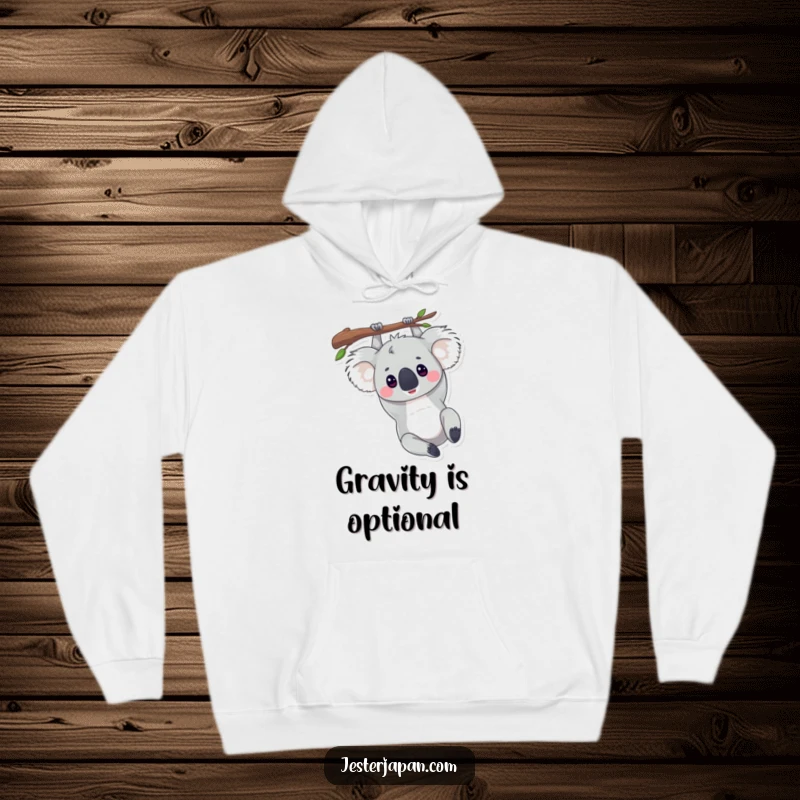 Funny hoodie featuring a koala comfortably dangling upside down from a branch, designed for ultimate relaxation.