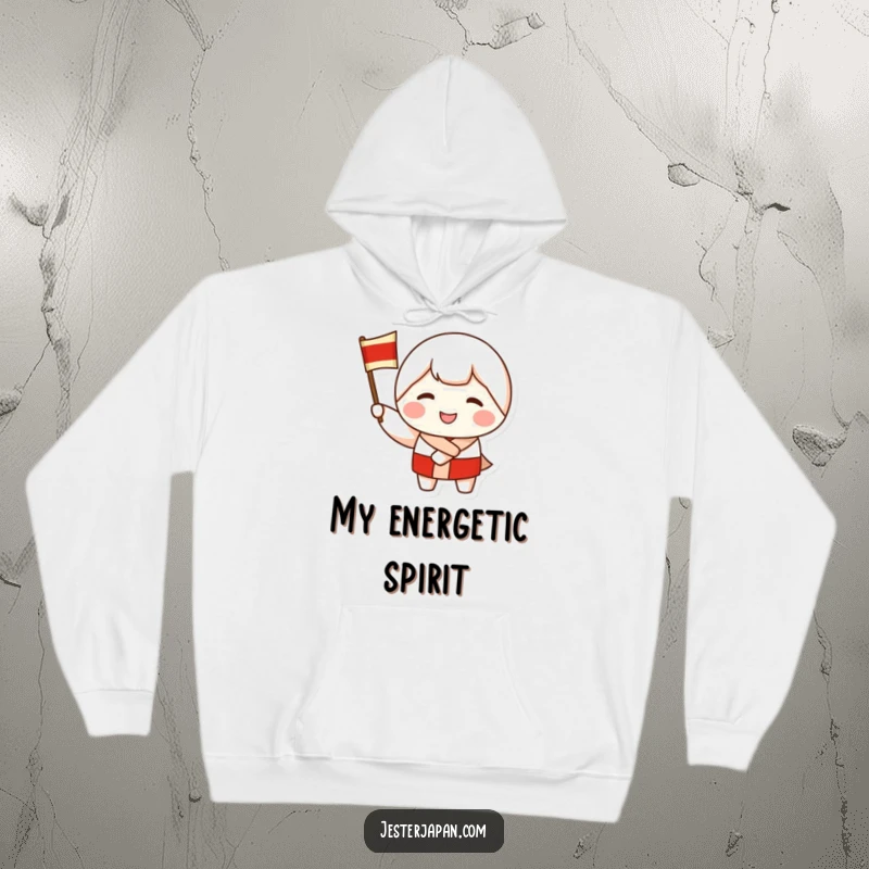 Funny hoodie featuring a smiling Kokeshi doll character enthusiastically waving a flag, offering warmth and a symbol of celebration and playful spirit.