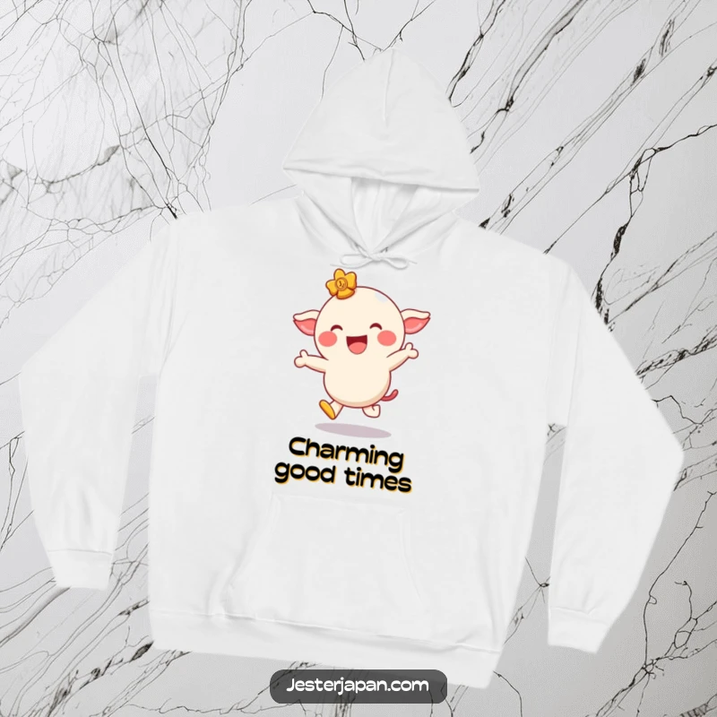 Funny hoodie depicting a giggling lucky charm character hopping playfully with a wide smile, offering warmth and cheer.