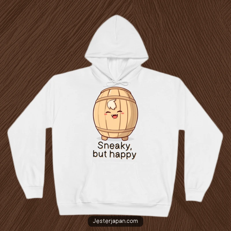 Funny hoodie featuring a mischievous character with a grin, hiding behind a sake barrel, perfect for cozy fun.
