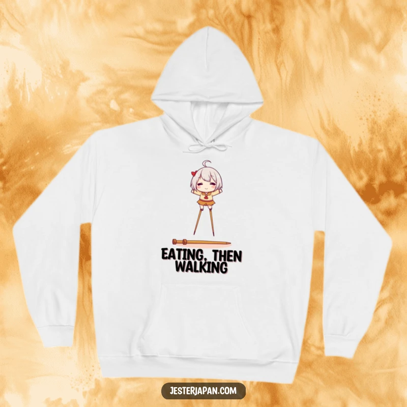 Funny hoodie illustrating a character joyfully balancing on makeshift stilts made of chopsticks, perfect for lovers of food and fun.
