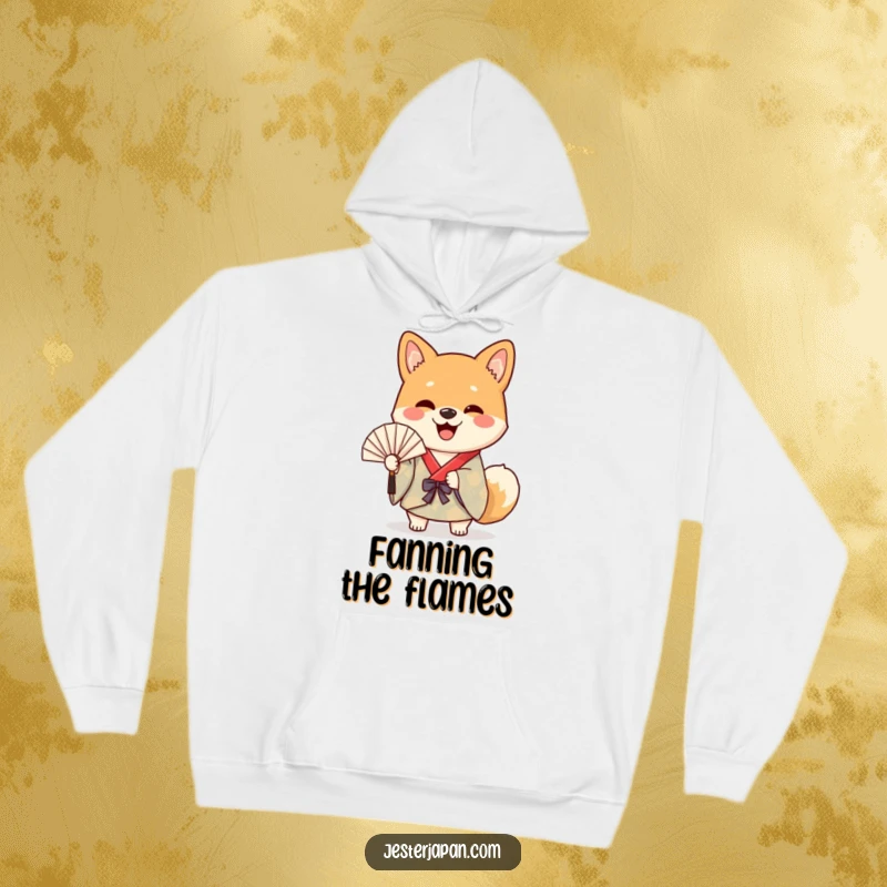 Funny hoodie with a cheerful Shiba dog in a colorful kimono, happily waving a paper fan, conveying pure delight.