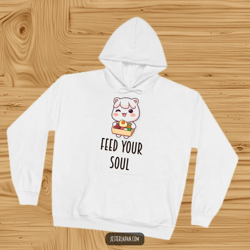 Funny Kawaii Bento Box Hoodie: Cute character with a bento box, happily offering food, perfect for cozy days and spreading good vibes.