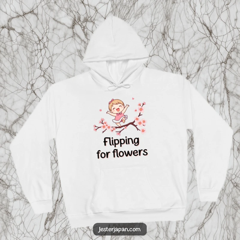 Funny hoodie with a cute character leaping gracefully over a stylized cherry blossom branch. Offers cozy comfort with a spring-themed charm.