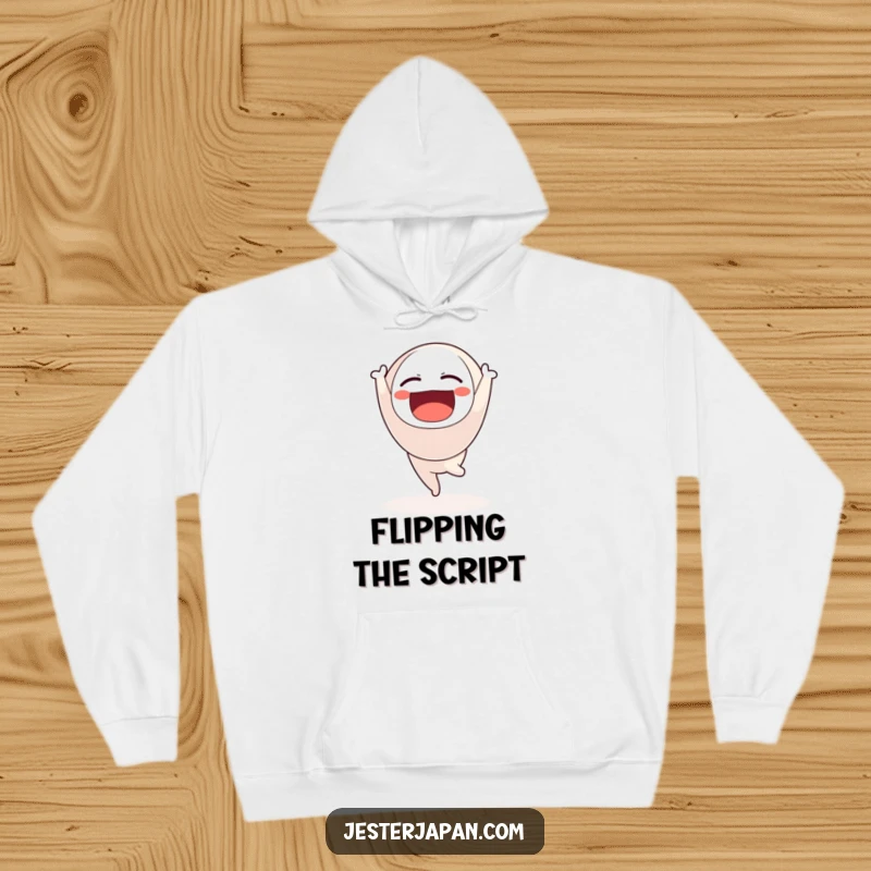 Funny hoodie featuring a Daruma doll happily doing a handstand, symbolizing strength and good vibes.