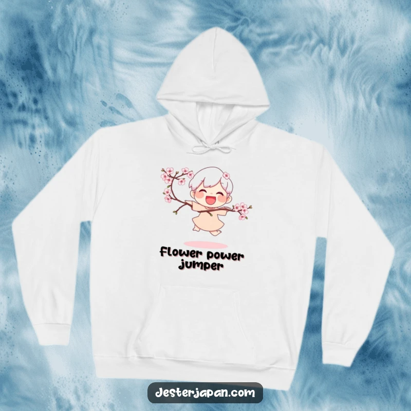 Funny Hoodie: Joyful character doing a playful hop while holding a blooming cherry branch, offering cozy spring vibes.