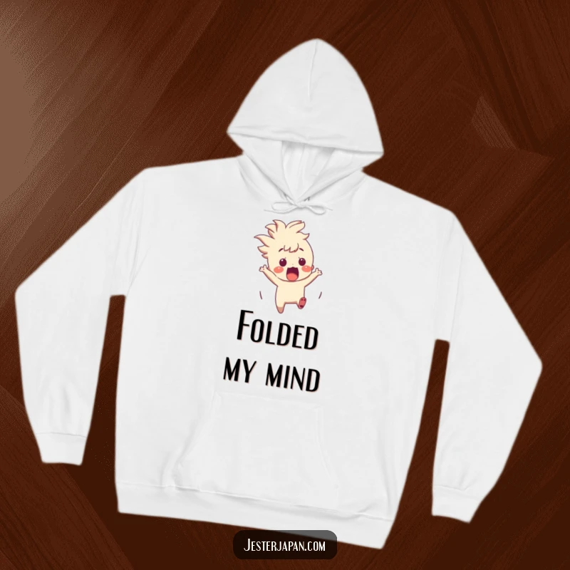 Funny Character Hoodie: A character leaping back in surprise from an emerging origami crane, a humorous, cozy design.