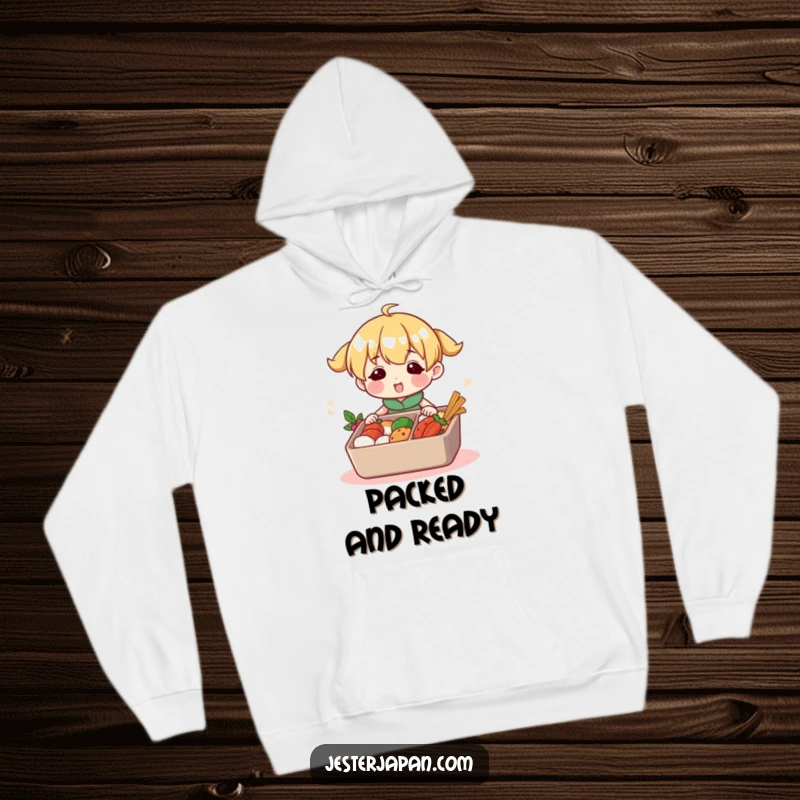 Funny hoodie with a happy character busy packing a colorful, segmented bento box. Offers warmth and a celebration of delicious meals.
