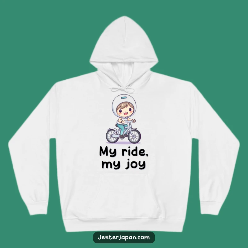 Funny Bicycle Riding Hoodie: Cozy Comfort with Smiling Character's Playful Ride