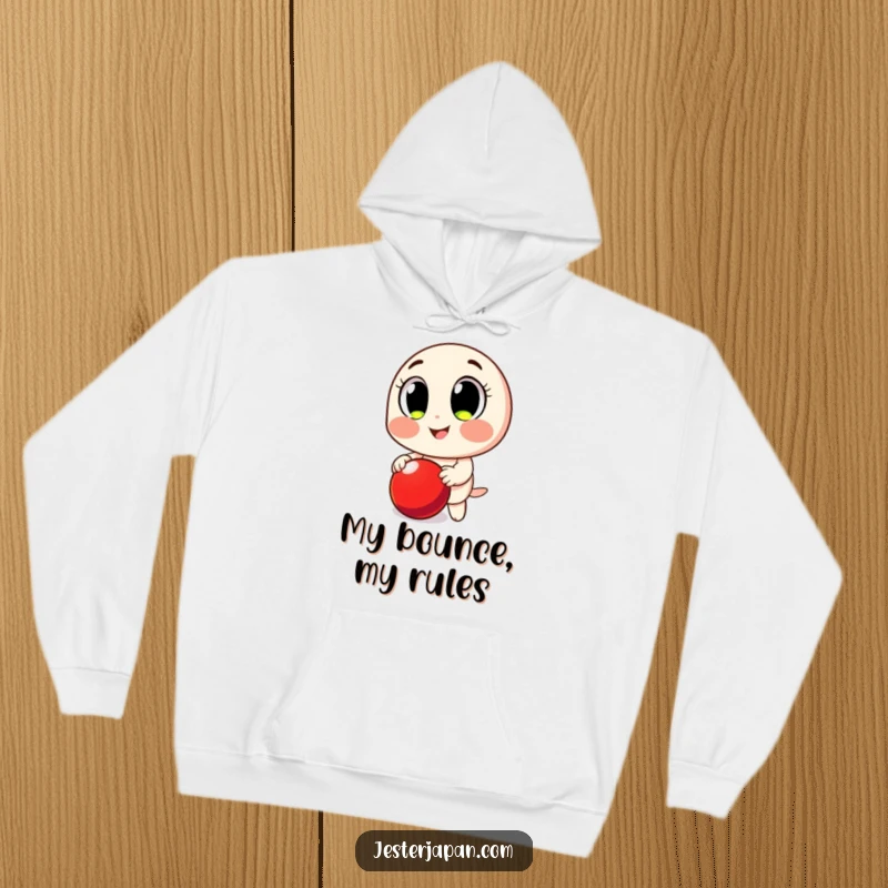 Funny Hoodie: Smiling character with big, expressive eyes, actively bouncing a red ball.