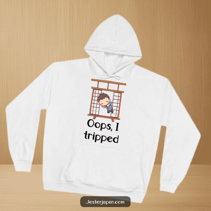 Funny hoodie design featuring a chibified character humorously tripping over a delicate Shoji screen, creating a comical scene.