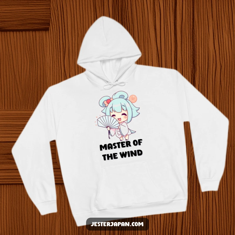 Funny Hoodie: Smiling character dramatically fanning themselves with a large fan, offering cozy humor.