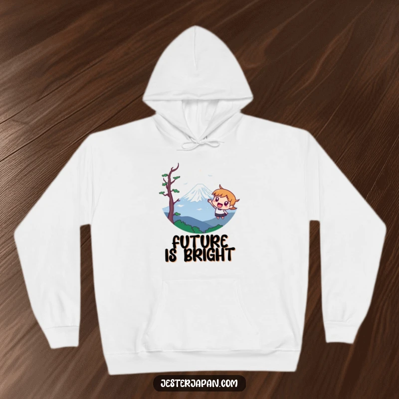 Funny hoodie featuring a character pointing towards a stylized Mount Fuji, symbolizing adventure and exploration.