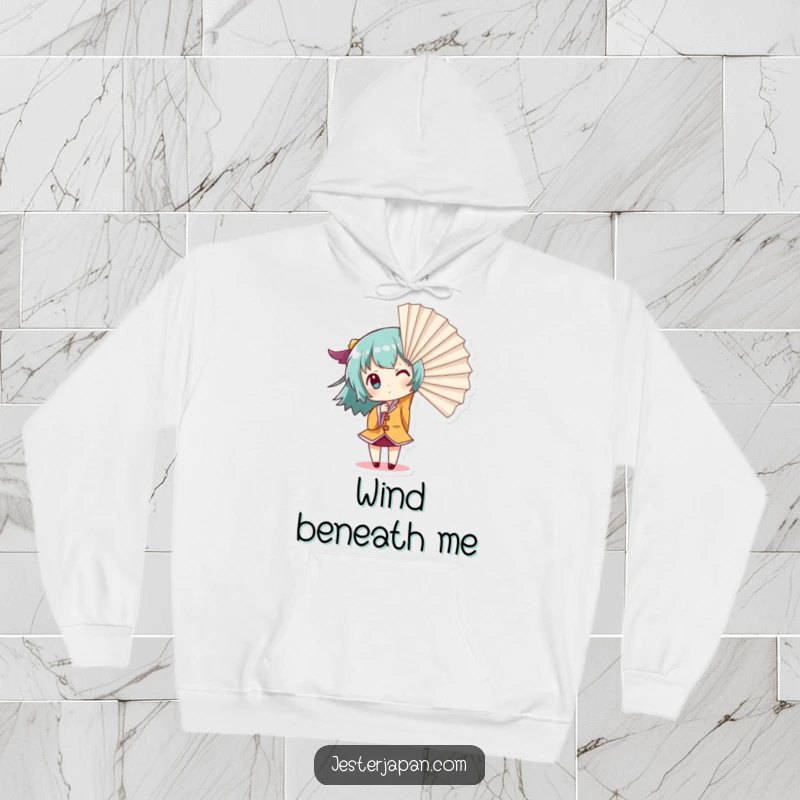 Funny Giant Fan Hoodie: Cozy hoodie featuring a small character dramatically creating a gust of wind with a giant fan, perfect for dramatic flair.