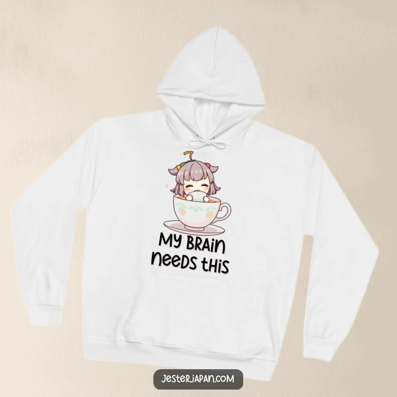 Funny hoodie graphic of a lively character joyfully sipping from a oversized teacup, radiating warmth and hyperactive tea-drinking energy.