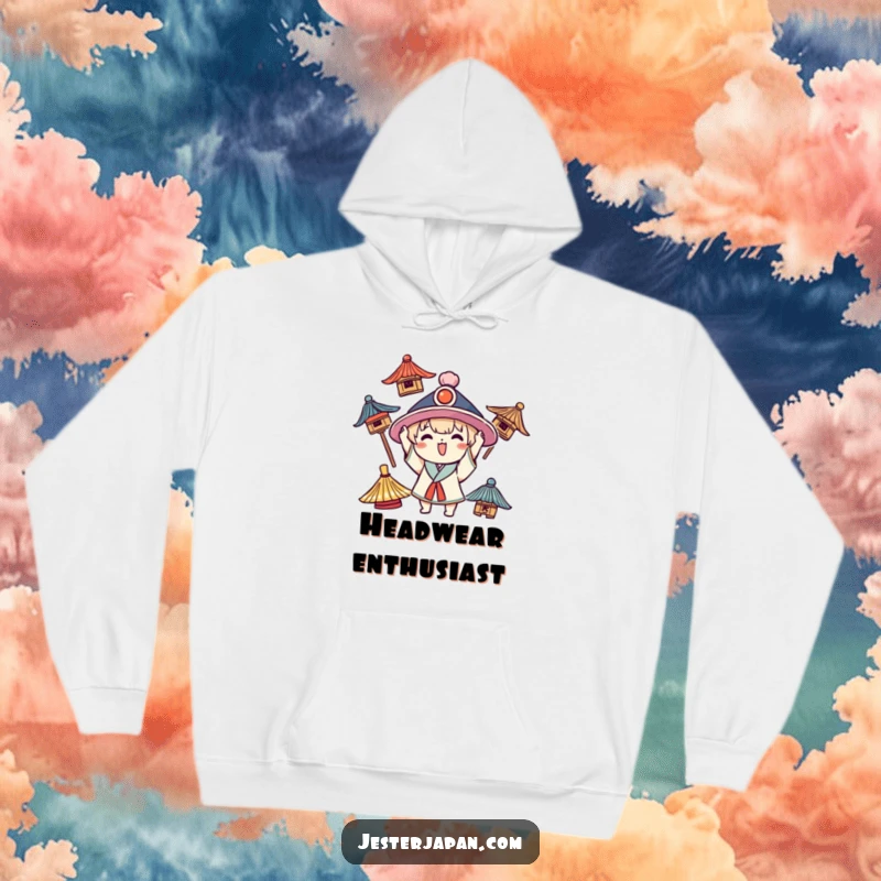 Funny Kawaii hoodie featuring a happy character enthusiastically trying on a collection of diverse traditional hats.