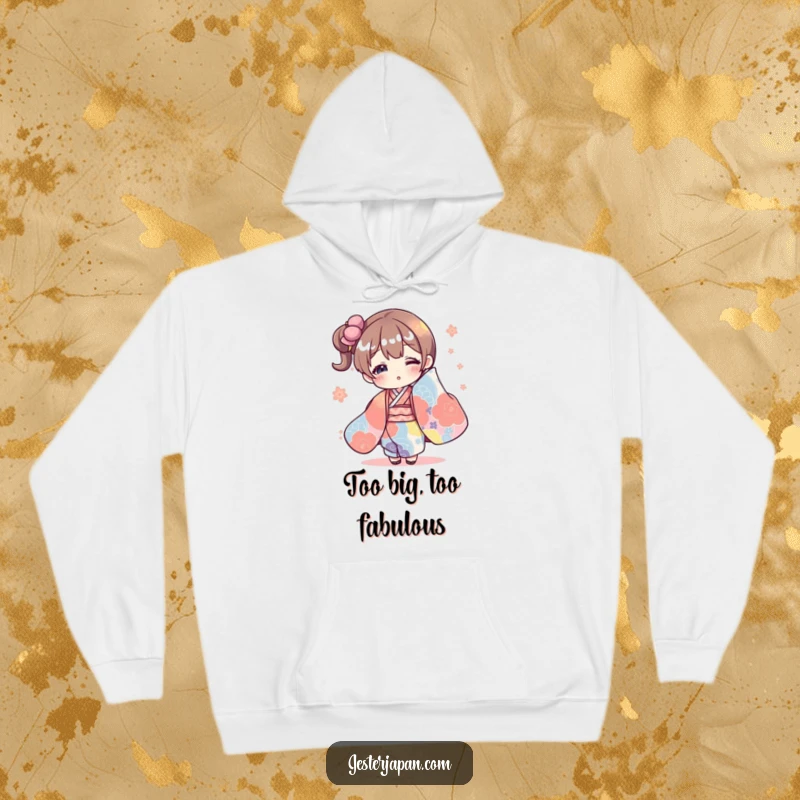 Funny hoodie with a character comically engulfed in an enormous, bright kimono, radiating a sense of playful, oversized fashion fun.