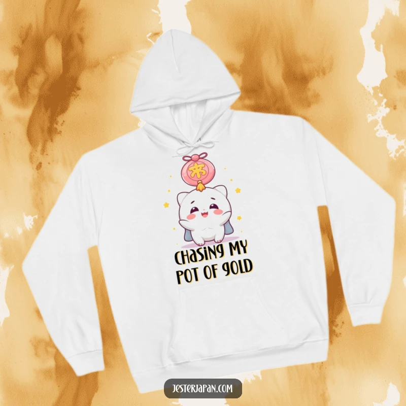 Funny Hoodie depicting a character with a gleeful expression, looking up at a colossal lucky charm, symbolizing joy and the pursuit of good fortune.