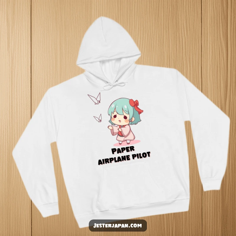 Funny hoodie depicting a character playfully tossing a miniature origami crane, offering cozy and creative comfort.