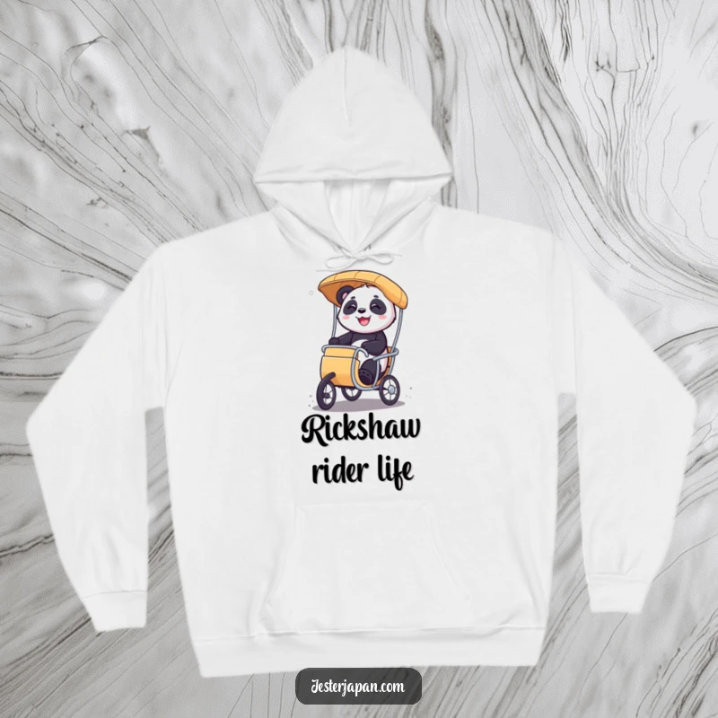Funny Panda rickshaw hoodie featuring a smiling character riding a miniature rickshaw with glee, perfect for cozy, joyful wear.