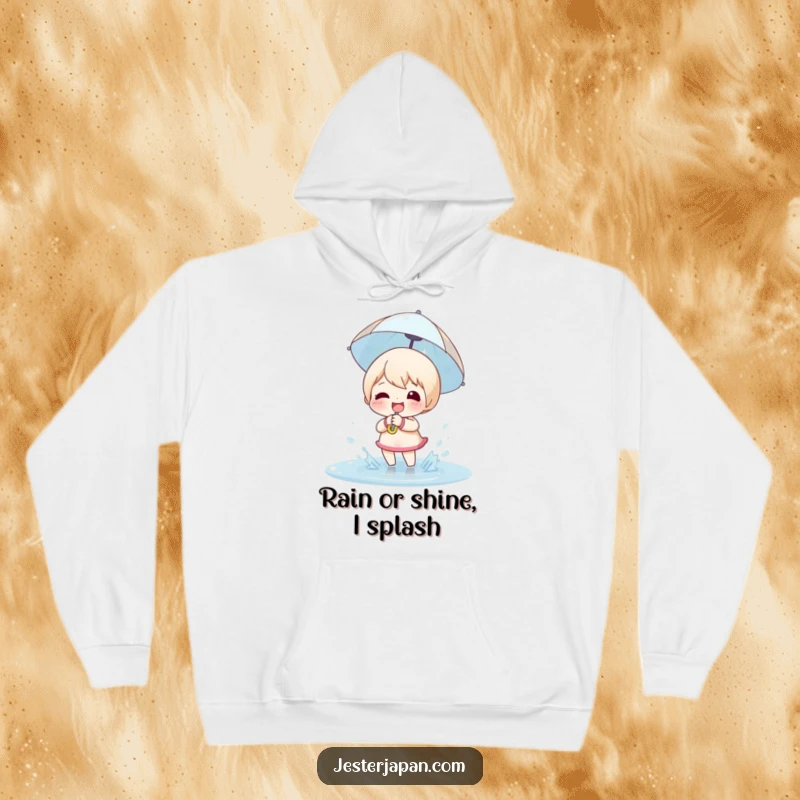 Funny Hoodie: Happy character holding a small umbrella, splashing playfully in a puddle.