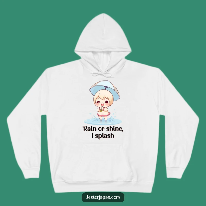 Funny Puddle Splashing Hoodie: Cozy Up with Joyful Character's Umbrella Warmth