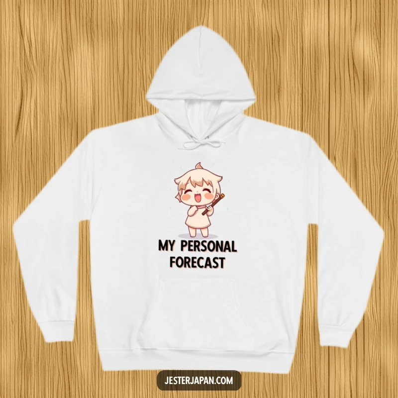 Funny hoodie depicting a character enthusiastically shaking a rain stick, generating a whimsical cascade of colorful beads, perfect for cozy days.