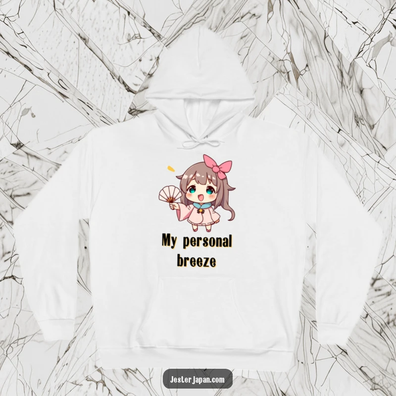 Funny hoodie with a character cheerfully fanning themselves with a miniature hand fan, embodying a relaxed and happy mood.