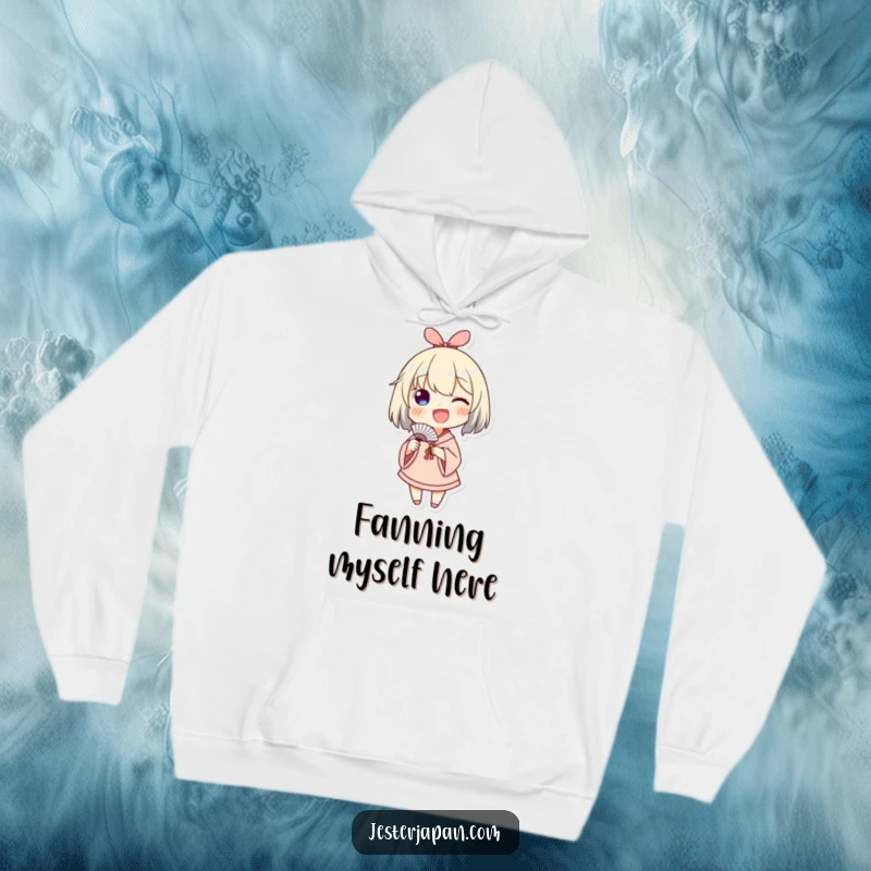 Funny hoodie design of a character energetically waving a small paper fan, creating a humorous and cheerful visual.