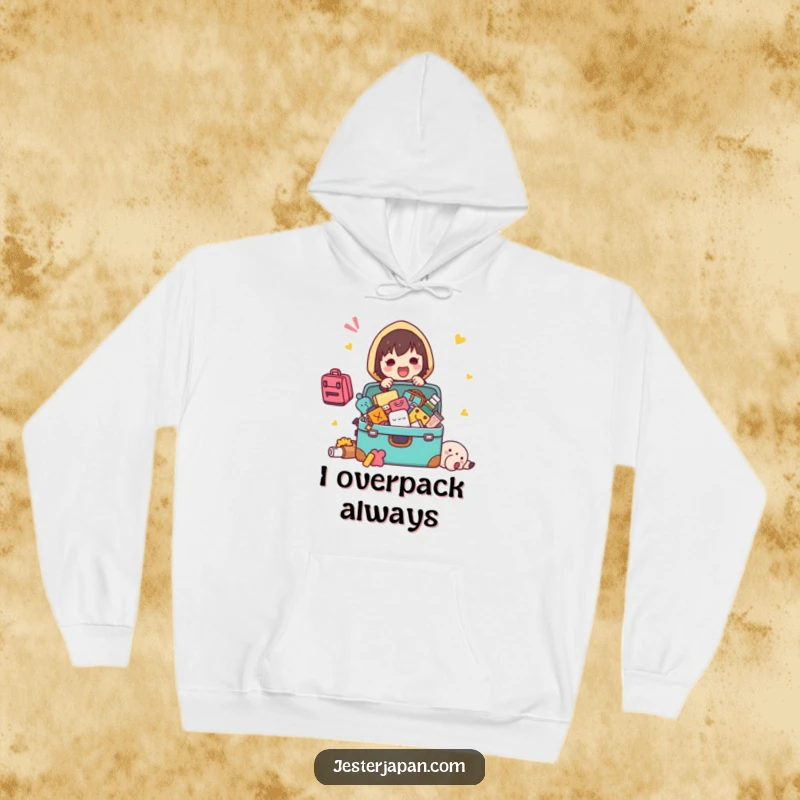 Funny cozy hoodie depicting a Kawaii character excitedly packing a suitcase, with items comically spilling out.