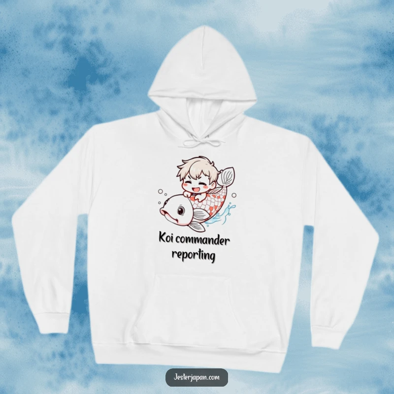 Funny Hoodie: Kawaii character with a mischievous grin pretending to ride a giant koi, combining coziness and humor.