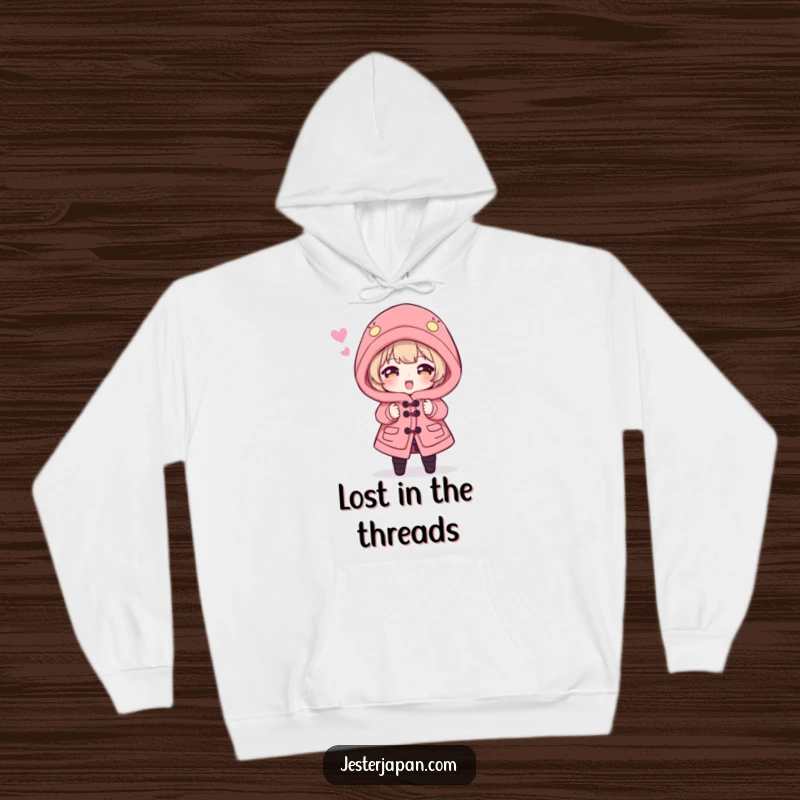 Funny Hoodie: Character comically overwhelmed by a dramatically oversized Happi coat, showcasing a relatable and humorous struggle with clothing.