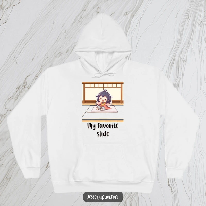 Funny hoodie with a character playfully sliding on a smooth tatami mat. Offers cozy comfort with a theme of effortless fun.