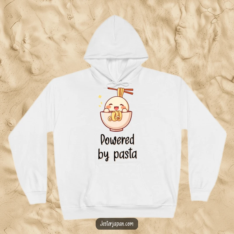 Funny Kawaii hoodie with a depiction of a small, round character joyfully slurping noodles, offering warmth and humorous foodie delight.