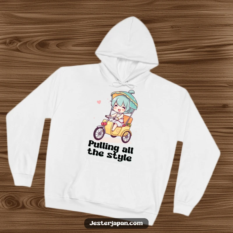 Funny hoodie with a character joyfully riding a miniature, decorated rickshaw, symbolizing small adventures and big smiles.