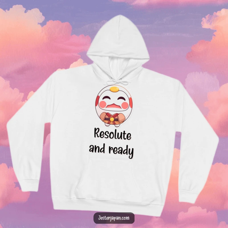 Funny Daruma Kimono Hoodie featuring a proud Daruma doll in a small kimono, radiating a sense of unwavering resolve.